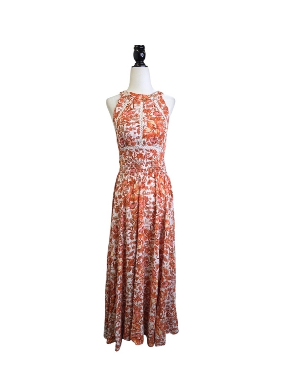 Anthropologie Abel the Label Charlie Maxi sz Small Orange Floral w Crochet Trim